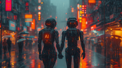 AI Robot Comfort: Hand in Hand in the Rainy City (AI Generated)