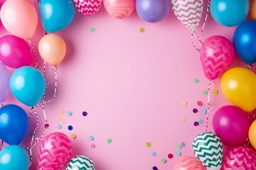 Fototapeta na wymiar Balloons with confetti on a pink background
