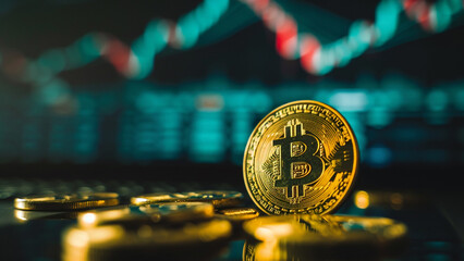 Cryptocurrency represent by bitcoin as golden coin symbolize to new virtual money with stock market chart on the background