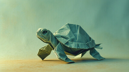 A paper origami wildlife animal of a turtle on a plain colored background