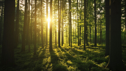 Green forest with morning bright sun rays through dense trees showing serene atmosphere
