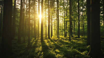 Fototapeta premium Green forest with morning bright sun rays through dense trees showing serene atmosphere