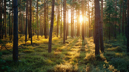 Pine forest with bright sun rays through dense trees showing serene atmosphere