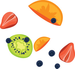 Colorful tropical fruits and berries composition. Flat design kiwi, strawberry, orange slice, and blueberries vector illustration.
