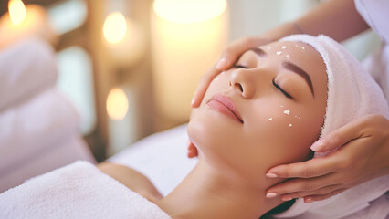 A Young beautiful woman receiving a facial treatment in professional beauty salon spa shows a calm and soothing environment aspects of professional care and pampering in the beauty industry - obrazy, fototapety, plakaty