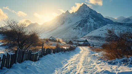 Golden sunrise illuminates a serene snowscape, with rustic homes nestled near rugged peaks, generative ai - Powered by Adobe