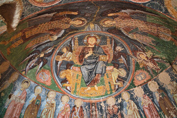 Hacli Church or Church of Three Crosses in Rose Valley has well preserved frescoes of scenes from Christian traditions in Byzantine style at Cappadocia, Anatolia, Turkey