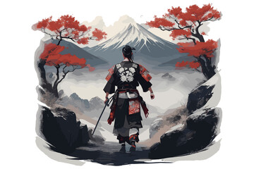Samurai looks over the village and mountain from the hill. illustration on white background