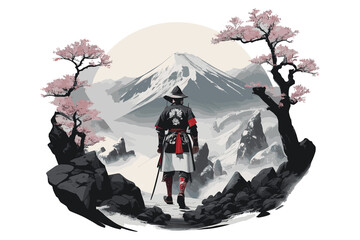 Samurai looks over the village and mountain from the hill. illustration on white background