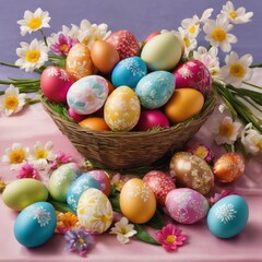 Fototapeta na wymiar Easter, traditional family holiday, decoration with painted eggs and flowers