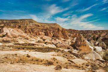 Unique rock and stone formations in the Red valley near  near Goreme,a UNESCO world heritage site situated in Nevsehir Province, in the Cappadocia Region, Central Anatolia,Turkey.