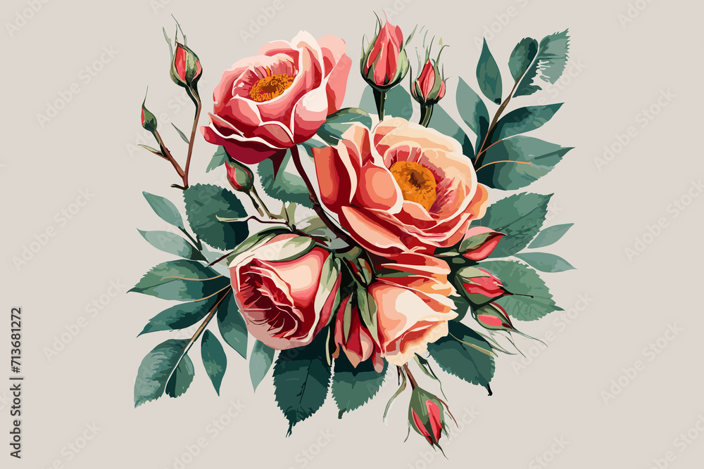 Wall mural bouquet of roses and peonies with green leaves on a white background. can be used for printing on fabric.