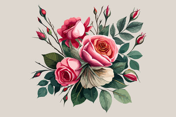 bouquet of roses and peonies with green leaves on a white background. can be used for printing on fabric.