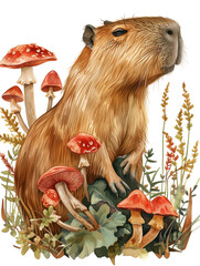 cute capybara sitting in fall autumn foliage with red spotted mushrooms
