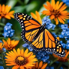 Monarch orange butterfly and bright summer flowers on a background of blue foliage in a fairy garden.