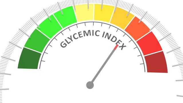Glycemic index level on measure scale. Instrument scale with arrow. Colorful infographic gauge element. Flat diabetes healthcare animation.