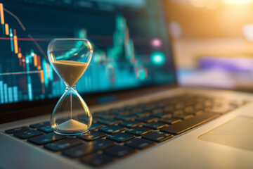 Time and Market Trends: Hourglass on Laptop with Stock Charts