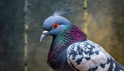red headed pigeon.a feather pigeon, emphasizing the fine details and unique textures of its feathers. Integrate a complementary background to enhance the overall visual appeal and showcase the bird in