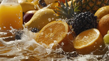 A vibrant splash amidst a colorful array of fresh fruits, embodying refreshing and juicy flavors, generative ai