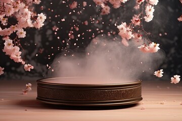 Round podium with smoke on nowruz flower background. High quality photos, no text on images generative ai