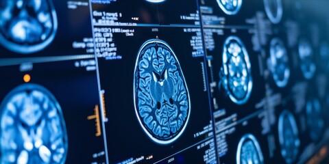 Visual exploration of a brain disease scan displayed on a computer screen. Examining the diverse spectrum of neurological, Significance of diagnostic neurological conditions