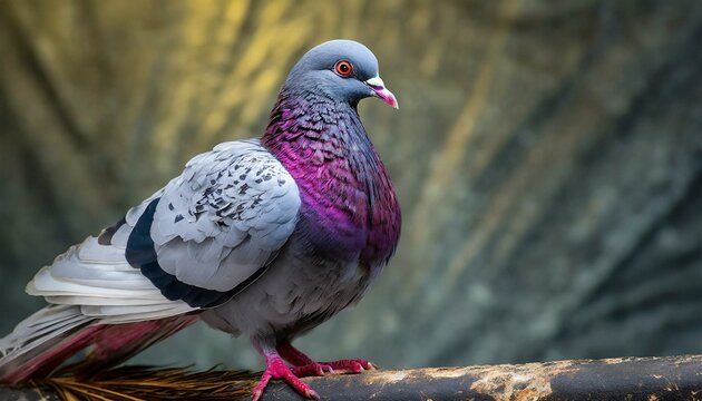 a feather pigeon, emphasizing the fine details and unique textures of its feathers. Integrate a complementary background to enhance the overall visual appeal and showcase the bird in its natural elega
