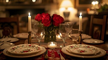 Naklejka premium Romantic Ambiance: Valentine's Day Dinner Table with Soft Candlelight and Roses