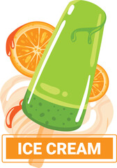 Green popsicle with dripping juice, orange slice background, summer treat. Refreshing citrus ice cream, dessert concept vector illustration.