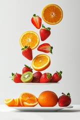 Sliced fruit floating in the air above plate. Falling fruits on white background, Healthy vegetarian nutrition rich in vitamin