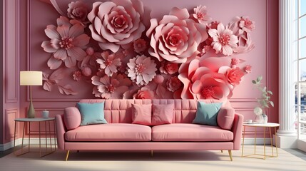 Pink Elegance: Living Room with Pink Hues and Rose Wall Decorations