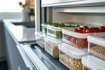 Detail of the well organised storage containers in a modern kitchen, with soft sunlit.