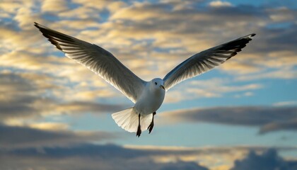 a dynamic digital illustration capturing the elegance of a seagull in flight against a vast and vibrant sky. Emphasize the bird's wingspan and the sense of freedom conveyed by its soaring silhouette.