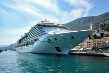 Cruise ship docked on a clear day