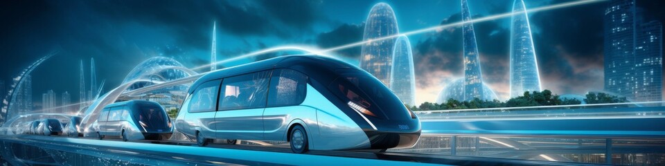 Futuristic transportation nexus panorama,  featuring magnetic levitation trains,  transparent tunnels,  and sustainable energy systems