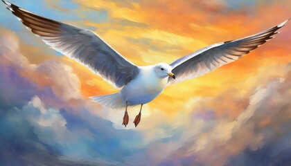 seagull flying in the sky.a seagull in mid-flight against a soft, sunset sky. Convey a sense of tranquility and the bird's effortless navigation through the evening air.

