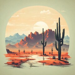 Desert landscape with saguaro cactus and mountains. Negative space illustration.Flat design - obrazy, fototapety, plakaty