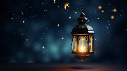 Ramadhan Kareem greetings. Islamic lantern in the night sky with crescent moon and stars. copyspace - generative ai  - obrazy, fototapety, plakaty