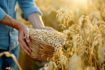 Close-up shot of the farmer's hands with a basket of oats, surrounded by the lush green oat field. Warm natural sunlight and a hint of blurred farm background for depth. 