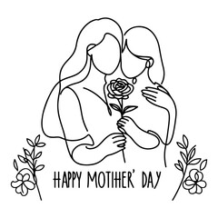 Fototapeta premium International Women's Day card, woman holding her child in heart with continuous one black outline line drawing Happy mothers day banner doodle style vector illustration