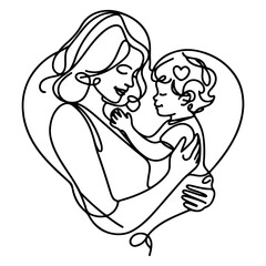 International Women's Day card, woman holding her child in heart with continuous one black outline line drawing Happy mothers day banner doodle style vector illustration