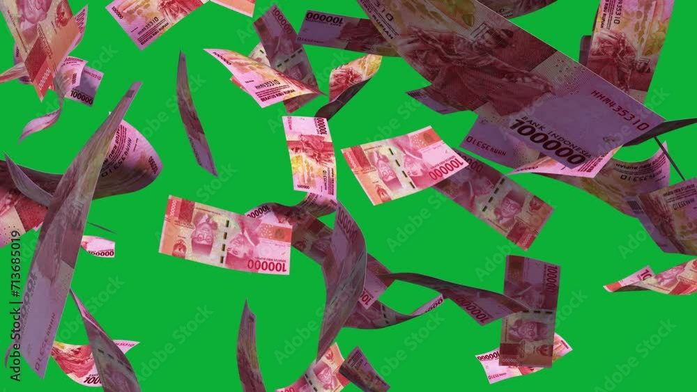 Poster 3D animation of Indonesian rupiah rand notes Falling On green screen. Remove the background by keying or subtracting with the black and white matte to replace with a custom one
