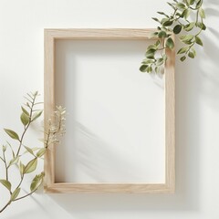 Mockup, close-up and top view of single empty frame mock-up, made of wood, on an isolated white background...