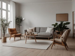 Fototapeta na wymiar living room with beige sofa. interior design of modern living room, Simple minimal and Zen style