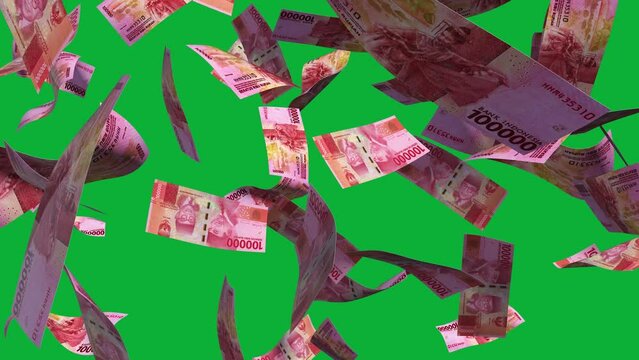3D animation of Indonesian rupiah rand notes Falling On green screen. Remove the background by keying or subtracting with the black and white matte to replace with a custom one
