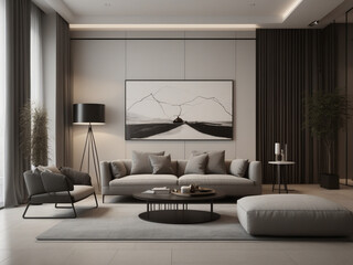living room with beige sofa. interior design of modern living room, Simple minimal and Zen style - obrazy, fototapety, plakaty