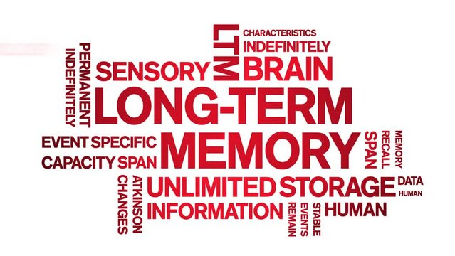 Long-Term Memory animated tag word cloud;text design animation kinetic typography seamless loop.