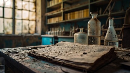 Fototapeta na wymiar Timeless Knowledge: Ancient Texts Unearthed in an Abandoned Lab