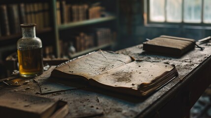 Fototapeta na wymiar Laboratory Echoes: Old Scripture Book Amidst Abandoned Lab Equipment