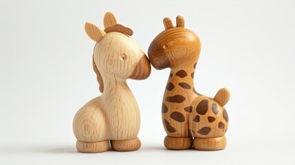 Hand made craft: A close-up and front view, a collection of couple cute animal wooden toys isolated on white background, with nature and soft studio lighting...