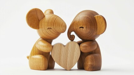 Hand made craft: A close-up and front view, a collection of couple cute animal wooden toys isolated on white background, with nature and soft studio lighting...